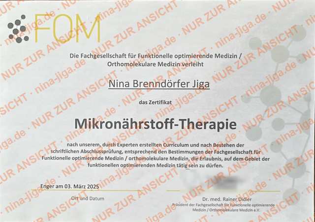 Zertifikat Mikronährstoff-Therapie Nina Jiga